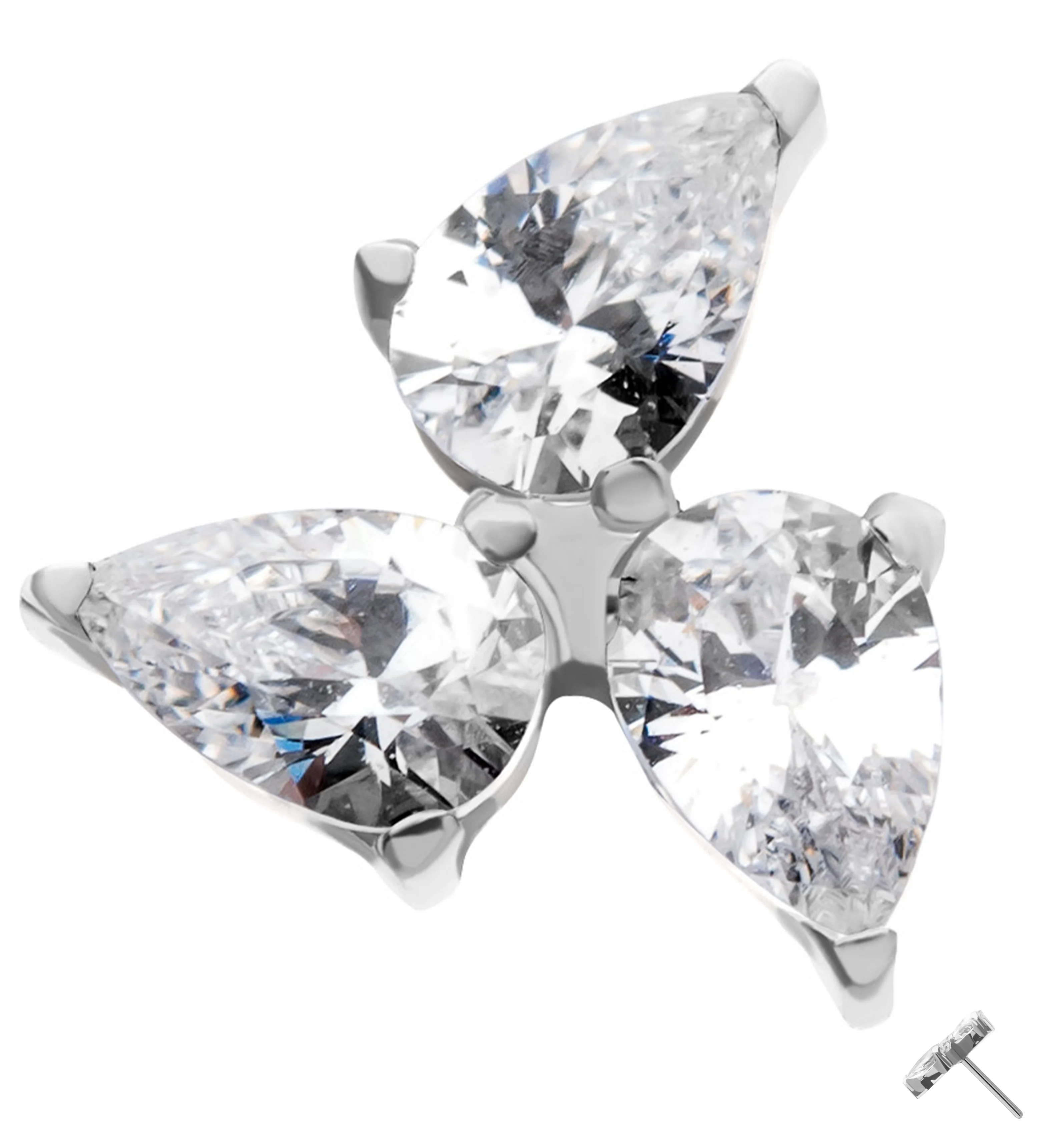 14kt White Gold Triple Teardrop Clear CZ Threadless Top - Mrs Treak