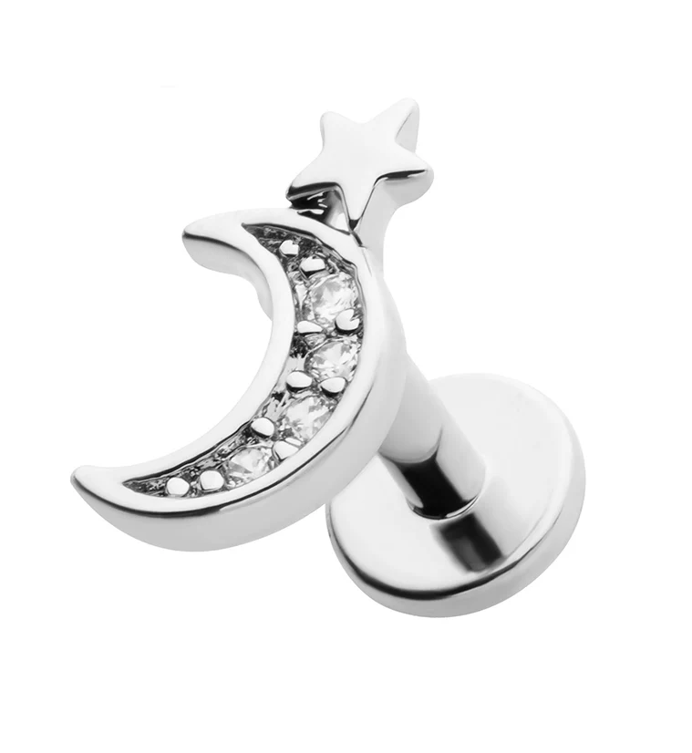 Pave CZ Half Moon Star Stainless Steel Threadless Labret - Mrs Treak