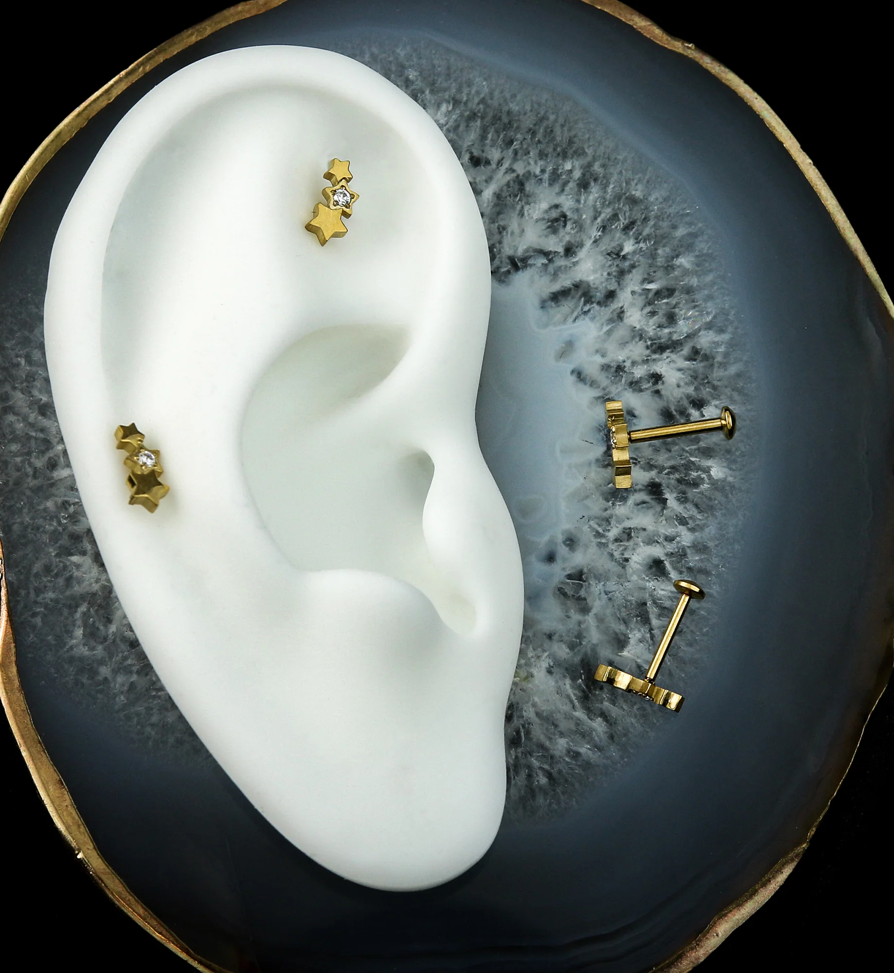 Gold PVD Triple Star Clear CZ Stainless Steel Convex Back Threadless Labret - Mrs Treak