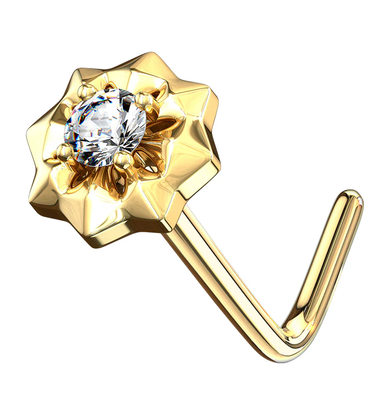 14kt Gold Sol Clear CZ L Bend Nose Ring - Mrs Treak