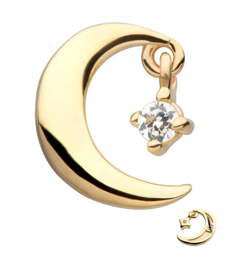 14kt Gold Crescent Moon Clear CZ Dangle Threadless Top - Mrs Treak