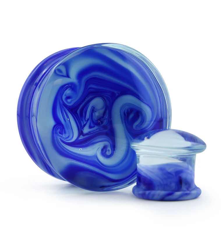 Blue/White Chroma Swirl Glass Double Flare Plugs - Mrs Treak
