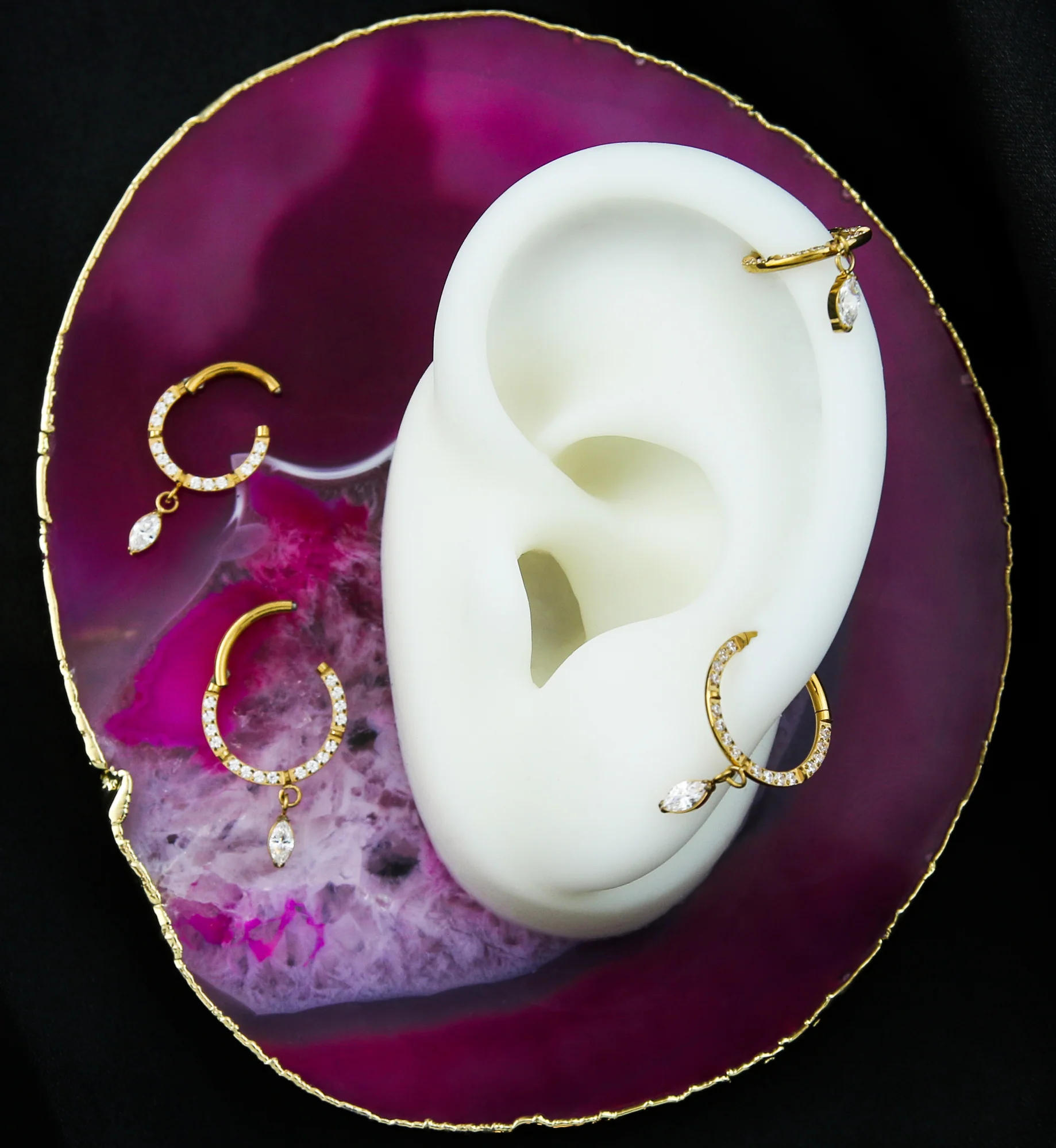 Gold PVD Side Facing Marquise Dangle Clear CZ Row Titanium Hinged Segment Ring - Mrs Treak