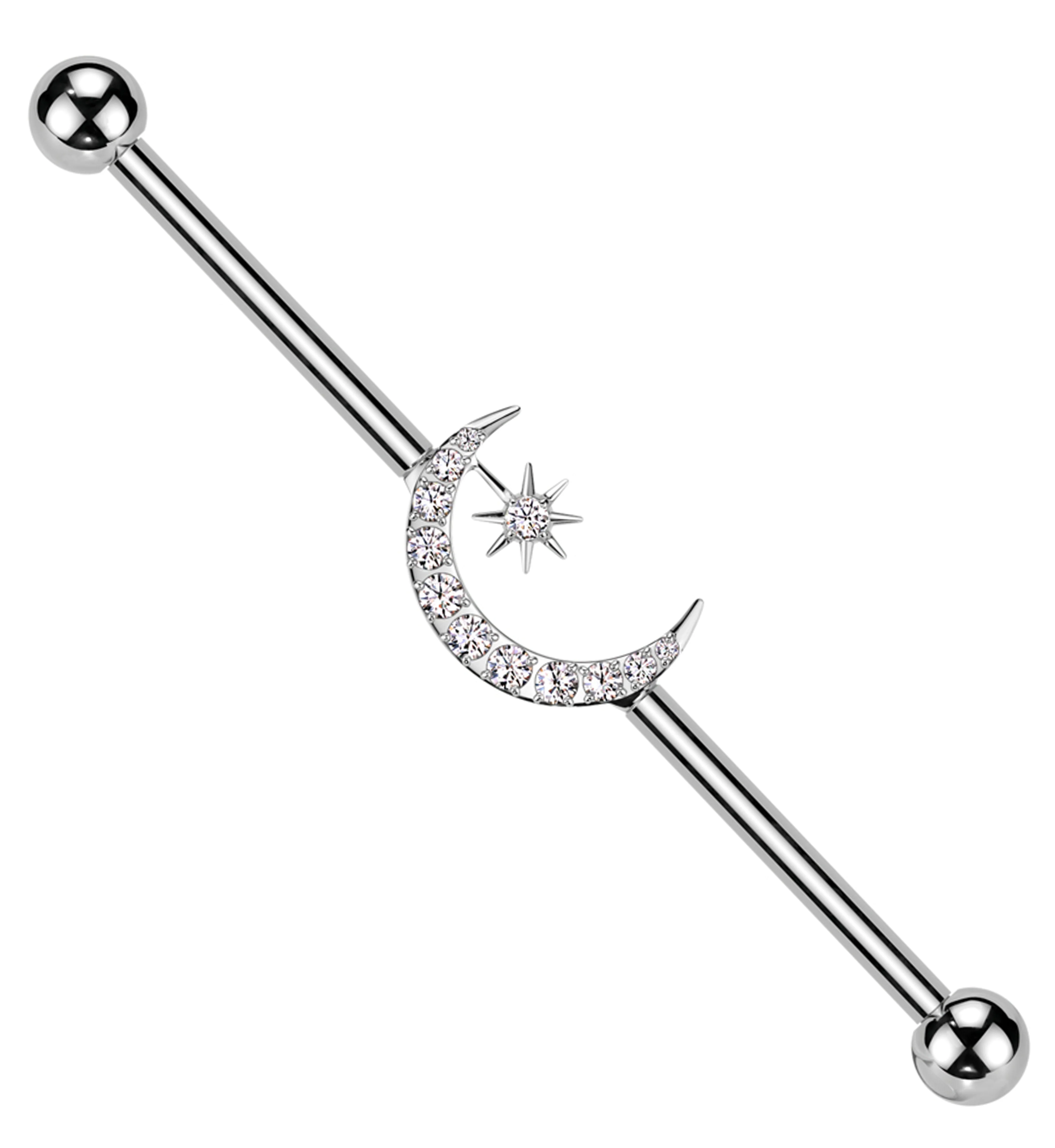 Twilight Moon And Star Clear CZ Internally Threaded Titanium Industrial Barbell - Mrs Treak