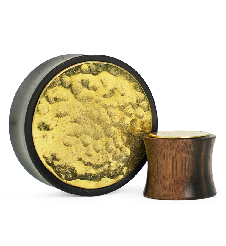 Hammered Brass Inlay Areng Wood Plugs - Mrs Treak