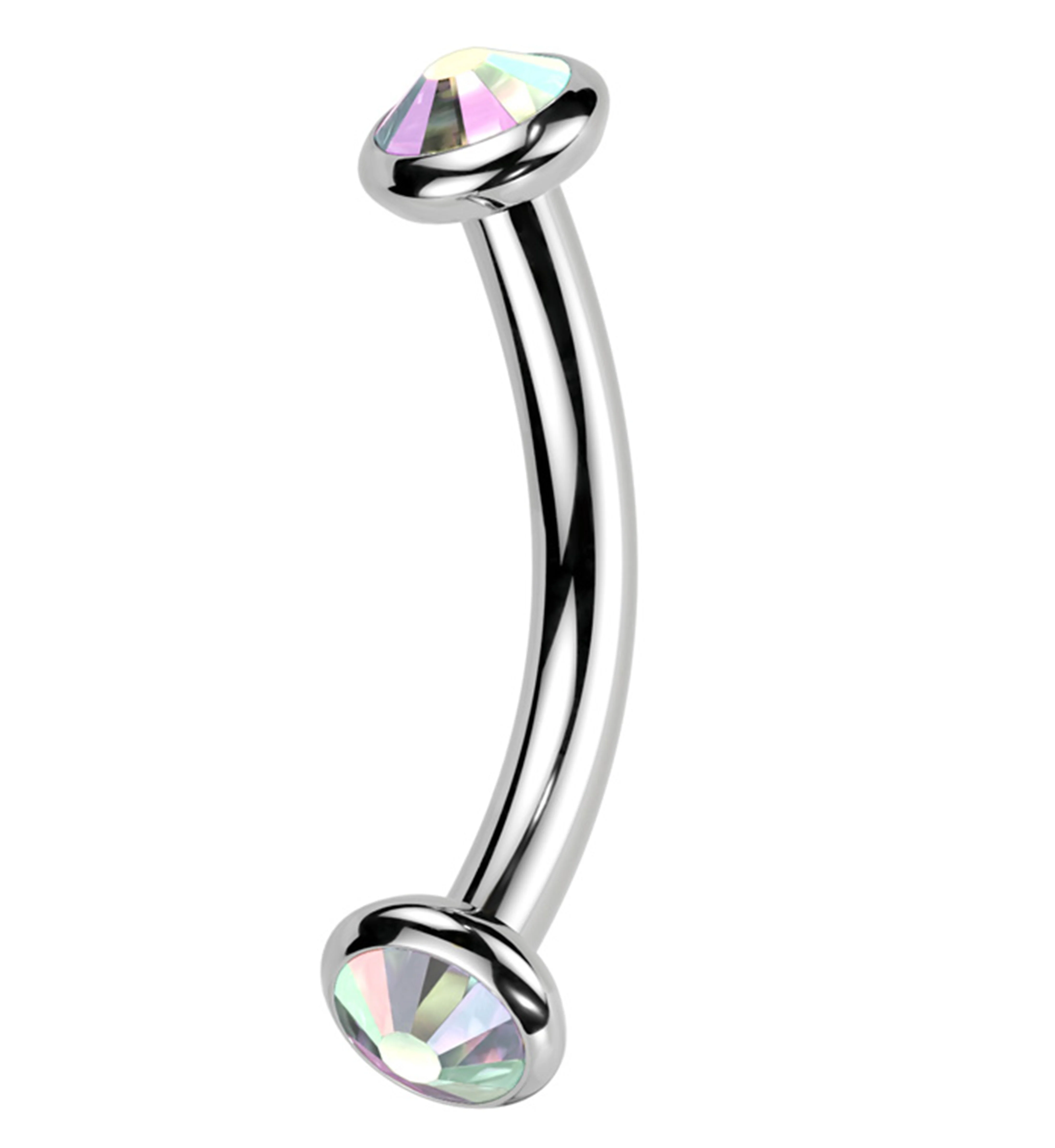 Double Bezel Rainbow Aurora CZ Internally Threaded Titanium Curved Barbell - Mrs Treak