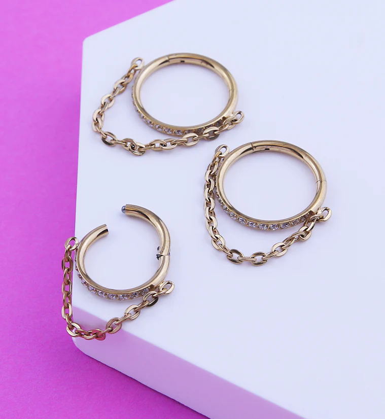 Gold PVD Side Facing Clear CZ Row Dangle Chain Hinged Segment Ring - Mrs Treak