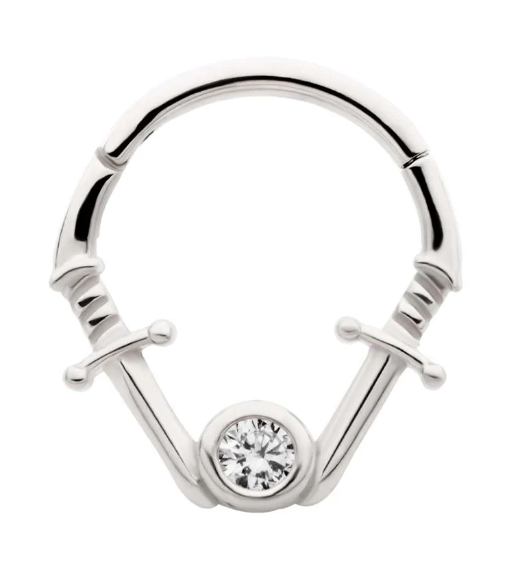 Dual Dagger Clear CZ Stainless Steel Hinged Segment Ring - Mrs Treak