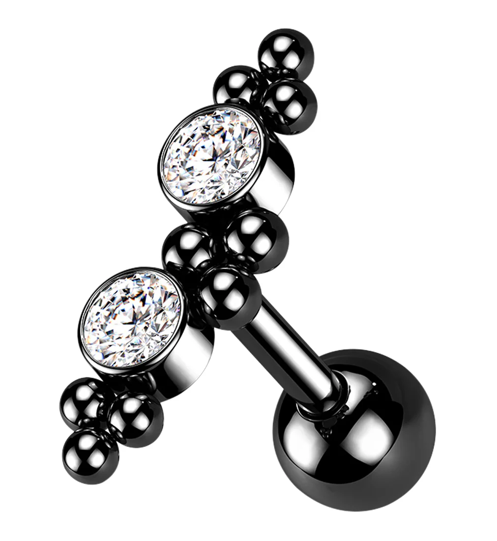 Black PVD Double CZ Gem Cluster Bead Cartilage Barbell - Mrs Treak
