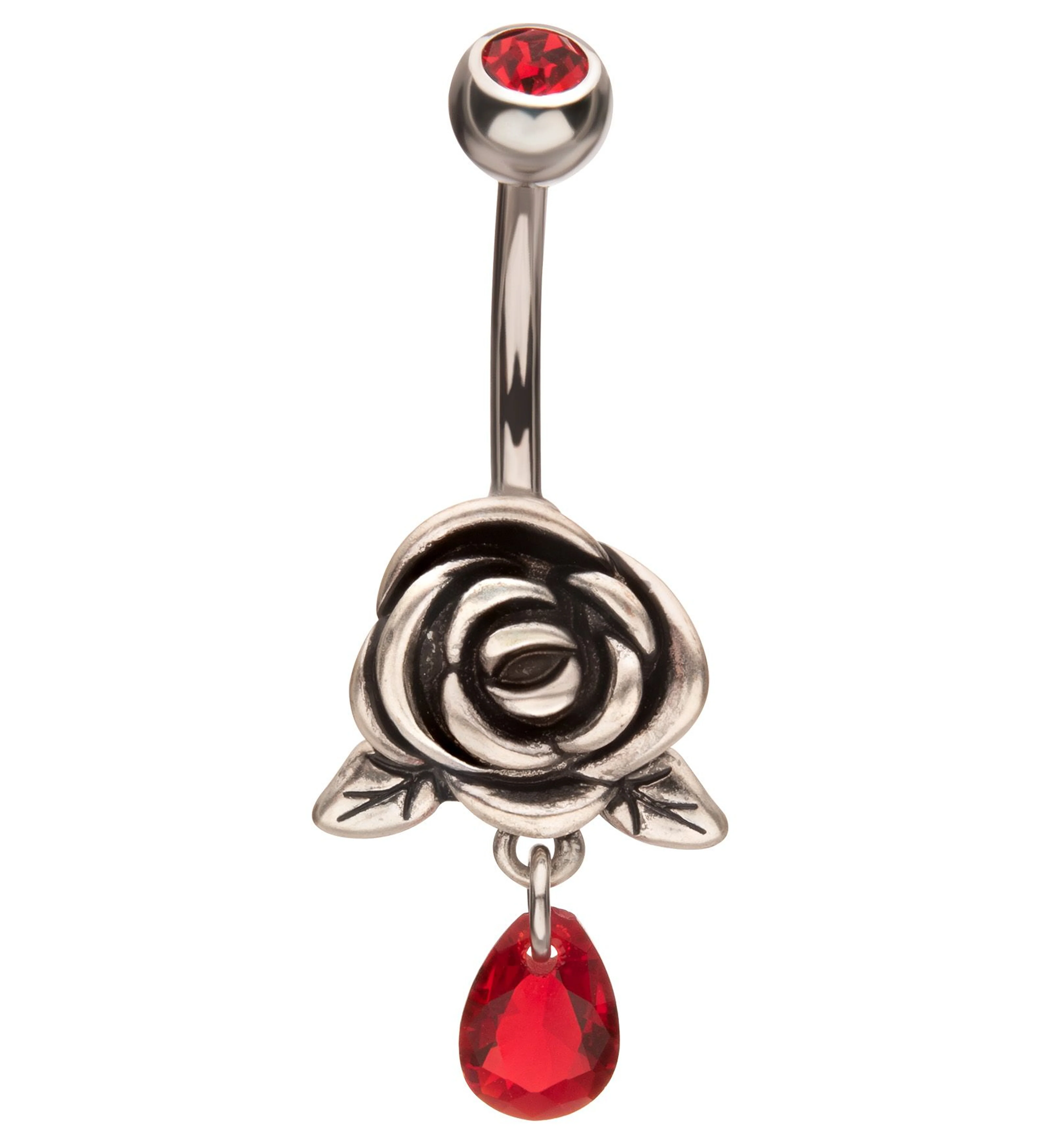 Rosebud Teardrop Red CZ Stainless Steel Belly Button Ring - Mrs Treak