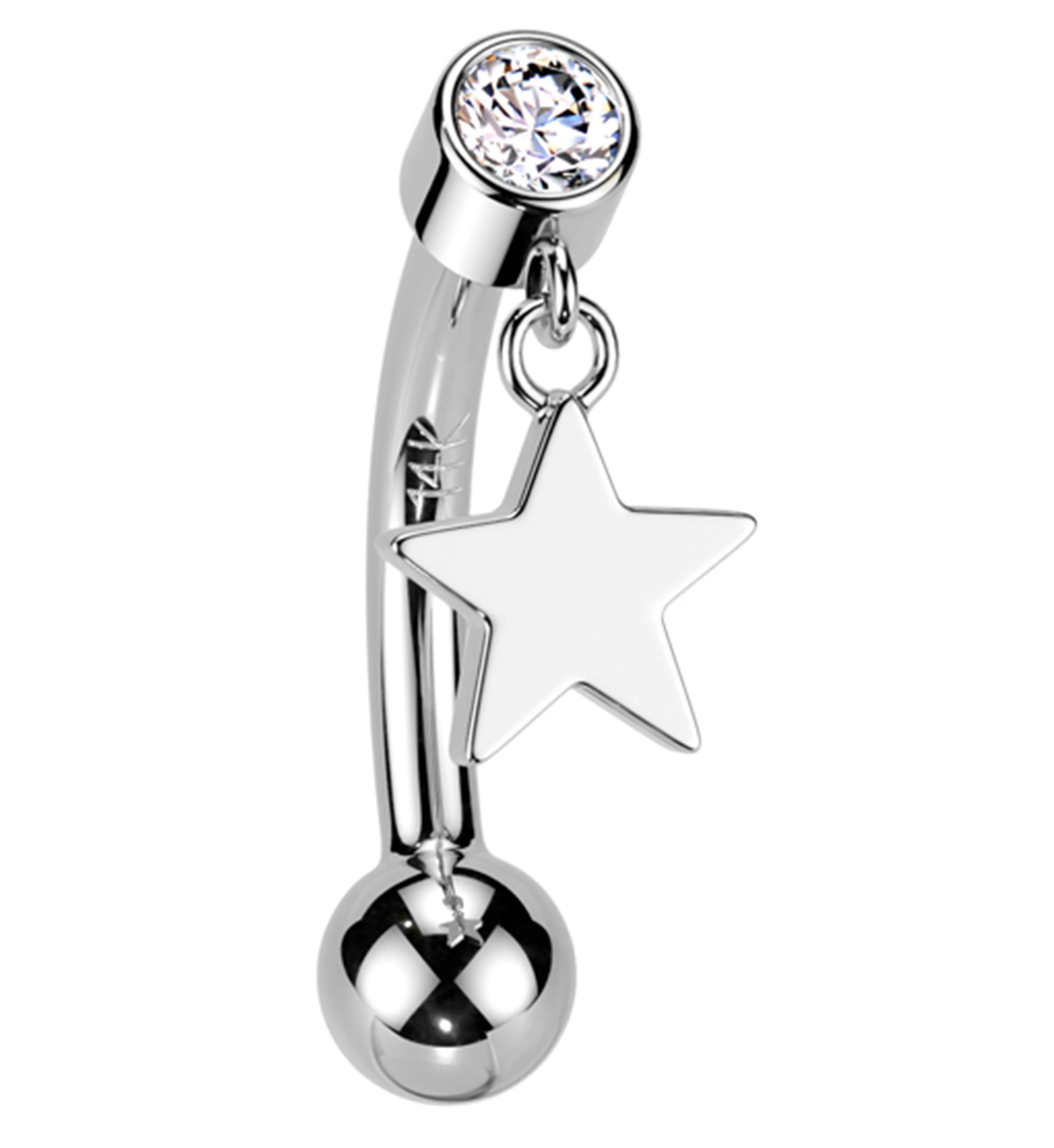 14kt White Gold Star Dangle Clear CZ Threadless Curved Barbell - Mrs Treak
