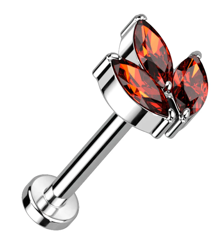 Red CZ Tri Sepal Titanium Threadless Labret - Mrs Treak