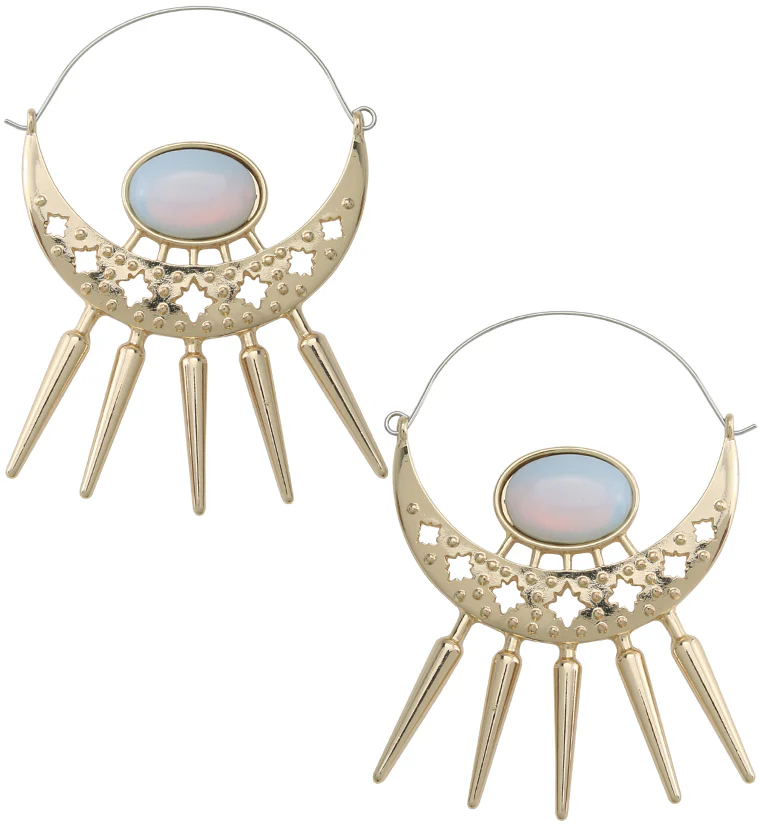 Gold PVD Press White Opalite Crescent Plug Hoops - Mrs Treak