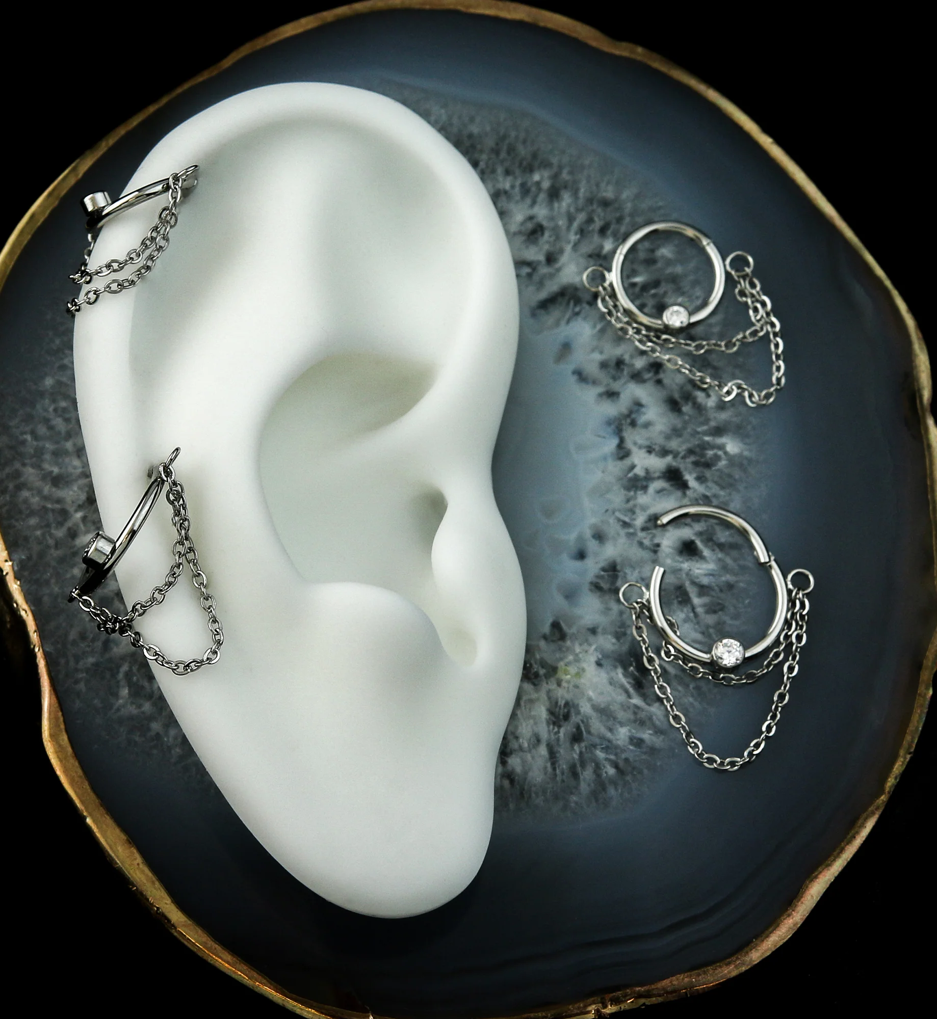 Double Dangle Chain Clear CZ Stainless Steel Hinged Segment Ring - Mrs Treak