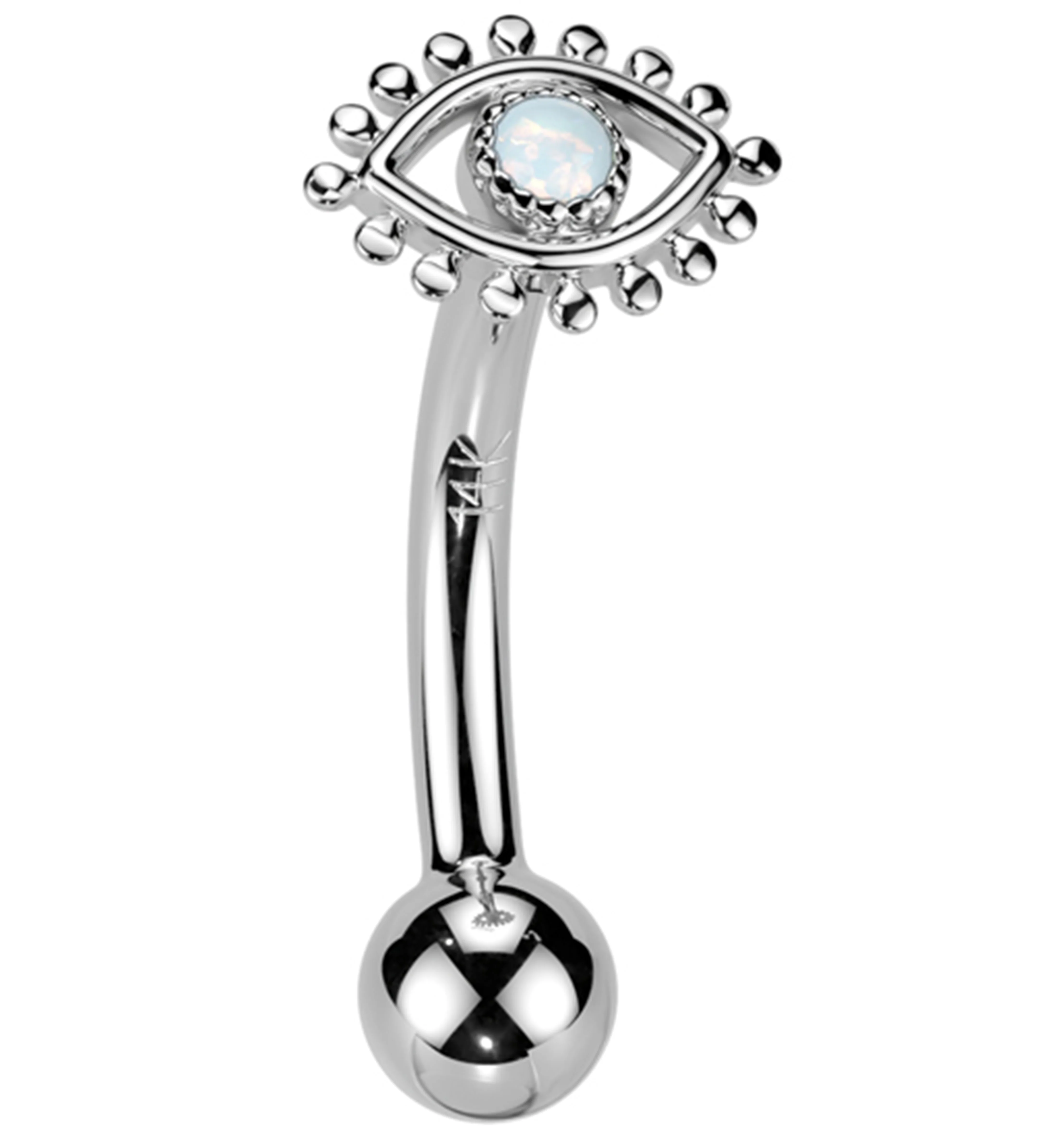 14kt White Gold White Opalite Evil Eye Threadless Curved Barbell - Mrs Treak