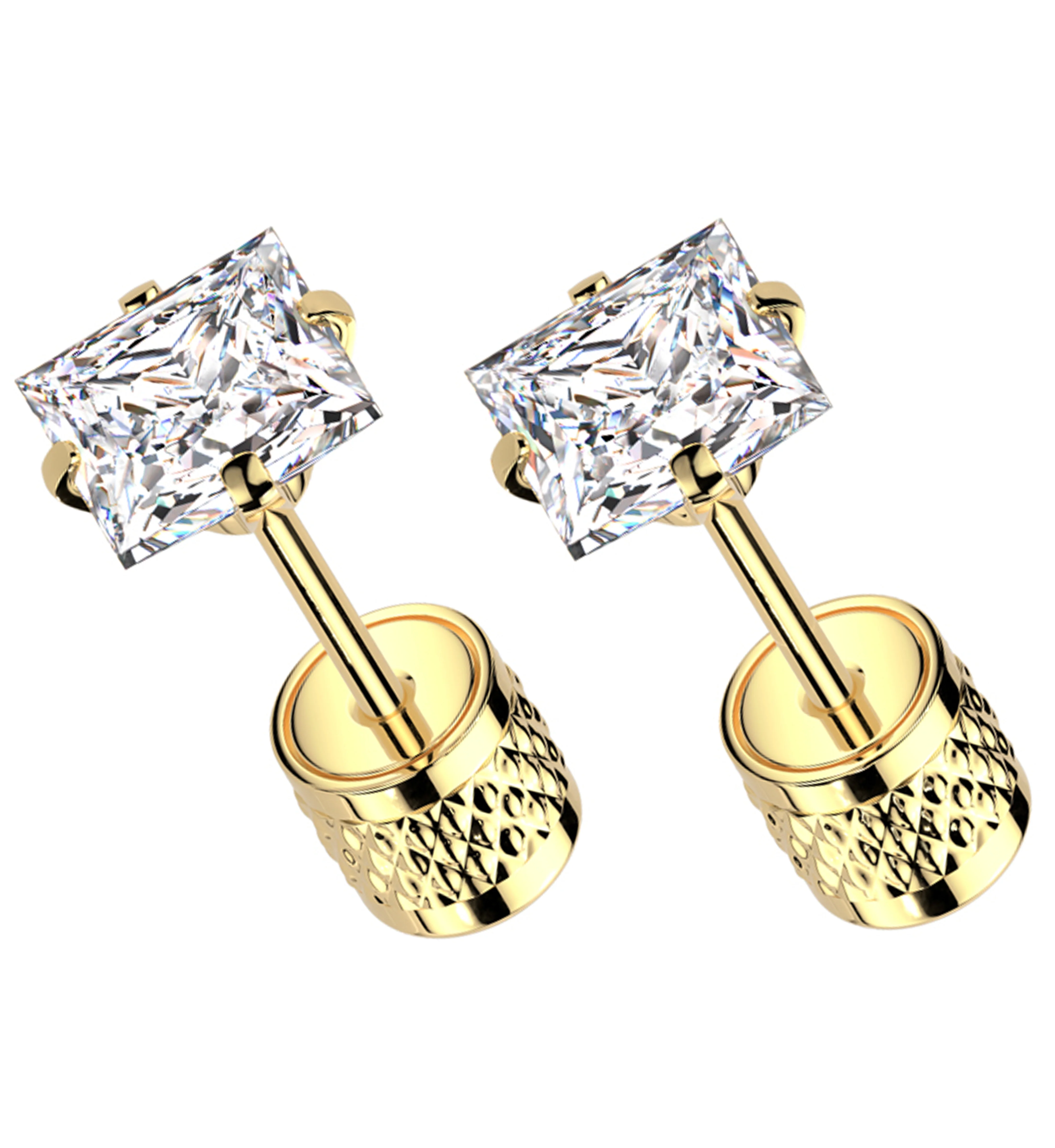 Gold PVD Square Clear CZ Stainless Steel Textured Cylinder Back Stud Earrings - Mrs Treak