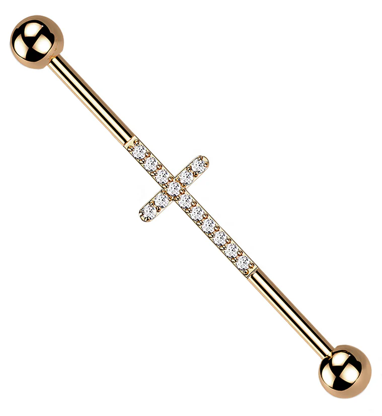 Rose Gold PVD Center CZ Cross Titanium Industrial Barbell - Mrs Treak