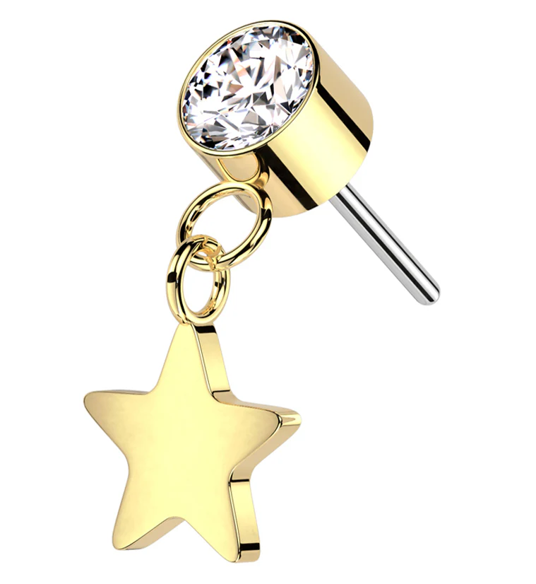 Gold PVD Clear CZ Dangle Star Titanium Threadless Top - Mrs Treak