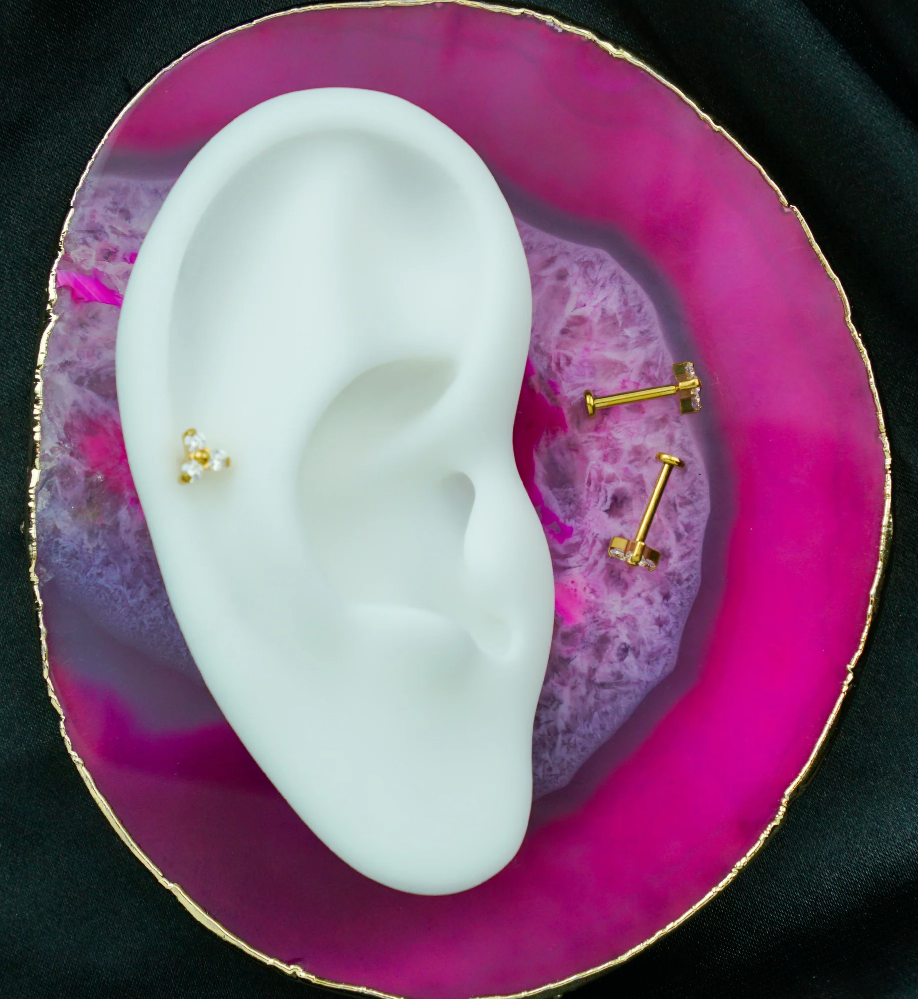 Gold PVD Trinity Clear CZ Titanium Threadless Labret - Mrs Treak