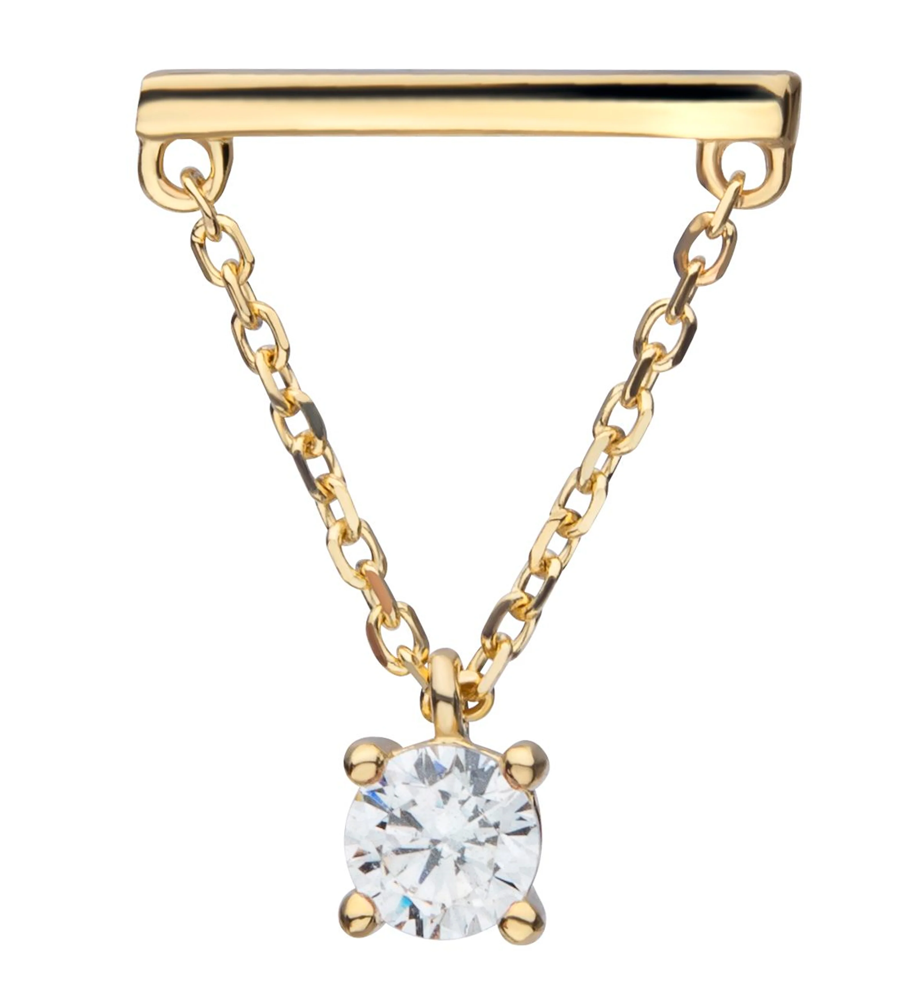 14kt Gold Bar Single Clear CZ Dangle Chain Threadless Top - Mrs Treak