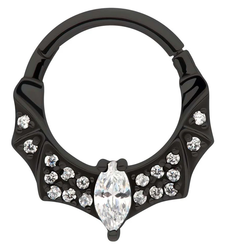 Black PVD Bat Rim Clear CZ Stainless Steel Hinged Segment Ring - Mrs Treak