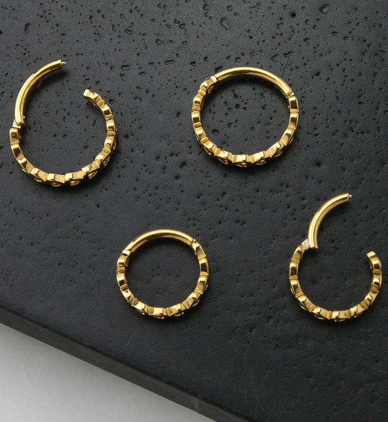 16G Gold PVD Heart Row Stainless Steel Hinged Segment Ring - Mrs Treak