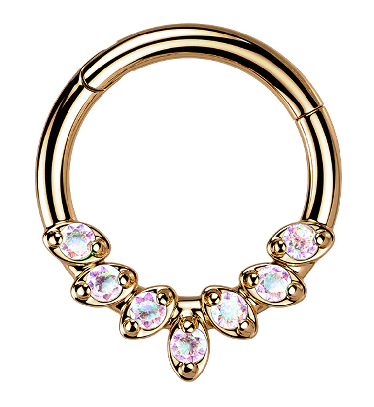 Rose Gold PVD Frill Rainbow Aurora CZ Hinged Segment Ring - Mrs Treak