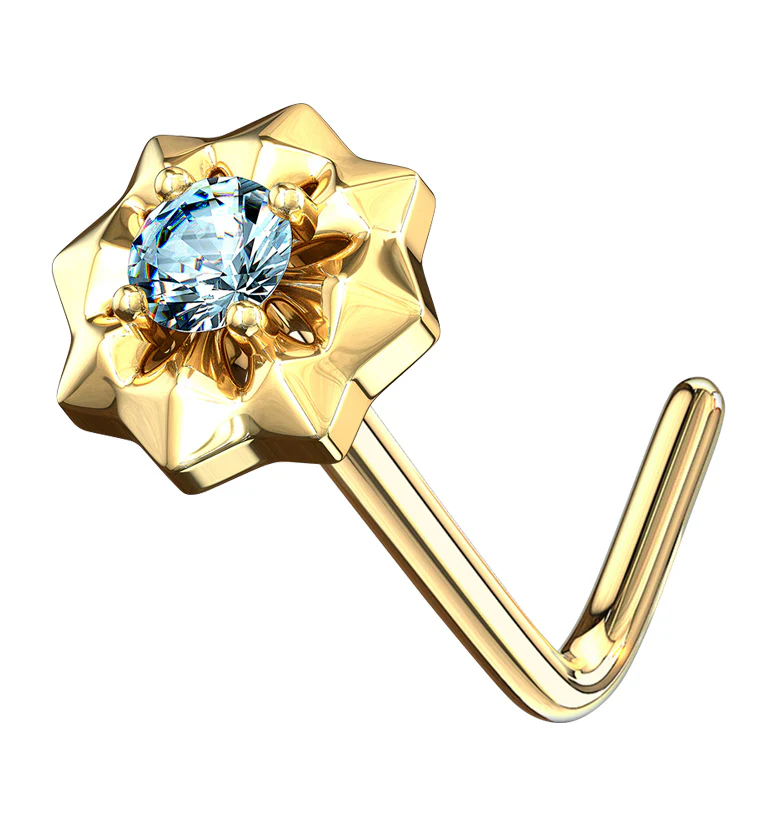 14kt Gold Sol Aqua CZ L Bend Nose Ring - Mrs Treak