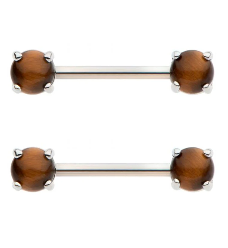 Tiger's Eye Stone Prong Stainless Steel Nipple Barbell - Mrs Treak