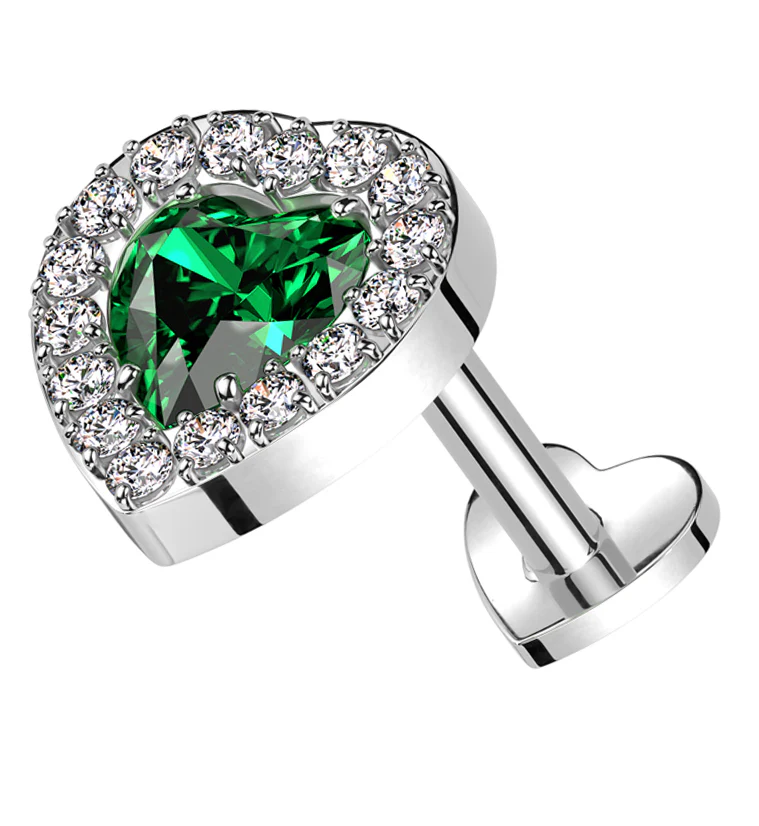 Lined Heart Green CZ Titanium Threadless Heart Back Labret - Mrs Treak