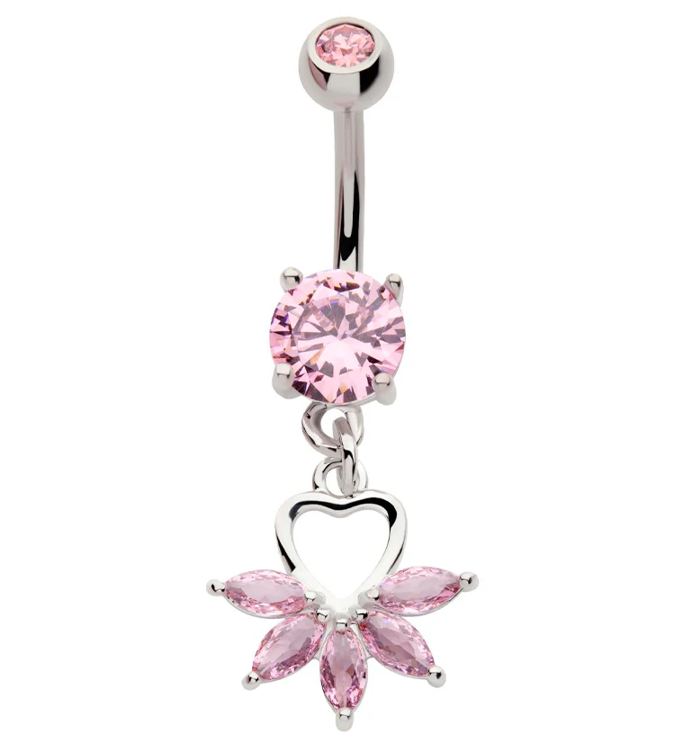 Heart Flower Dangle Pink CZ Stainless Steel Belly Button Ring - Mrs Treak