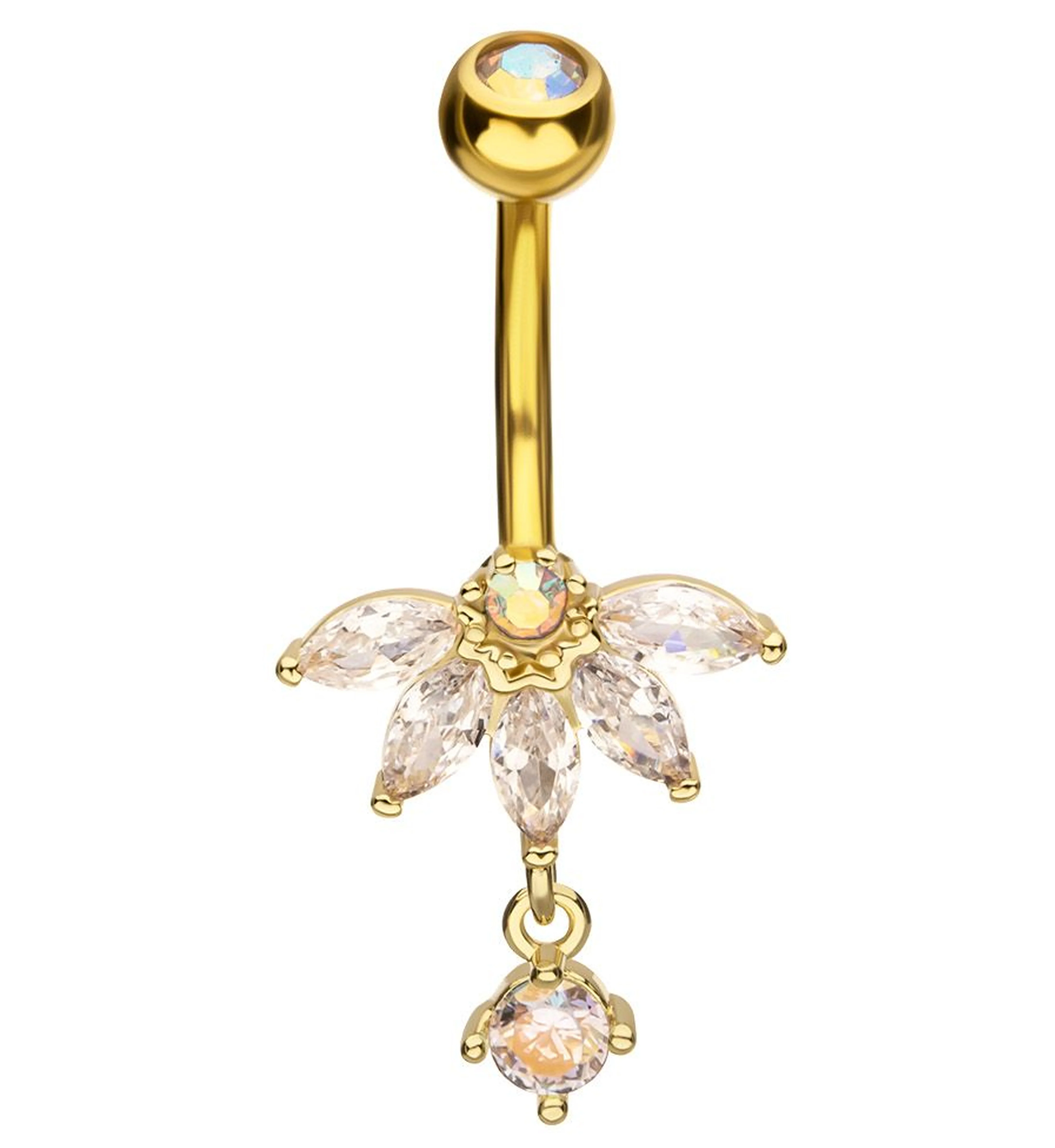 Gold PVD Half Flower Clear And Rainbow Aurora CZ Dangle Stainless Steel Belly Button Ring - Mrs Treak