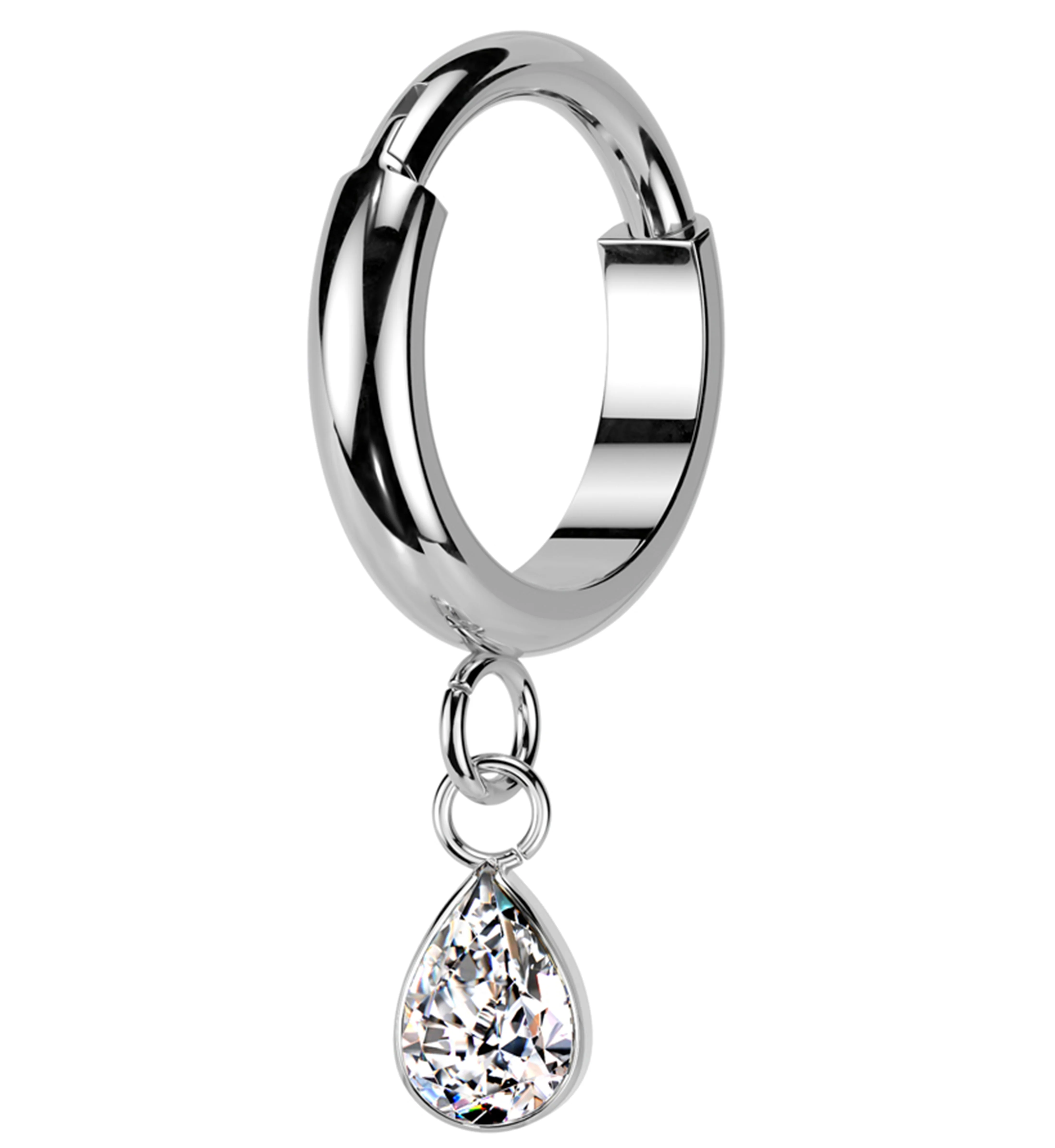 Teardrop Clear CZ Dangle Titanium Hinged Segment Ring - Mrs Treak