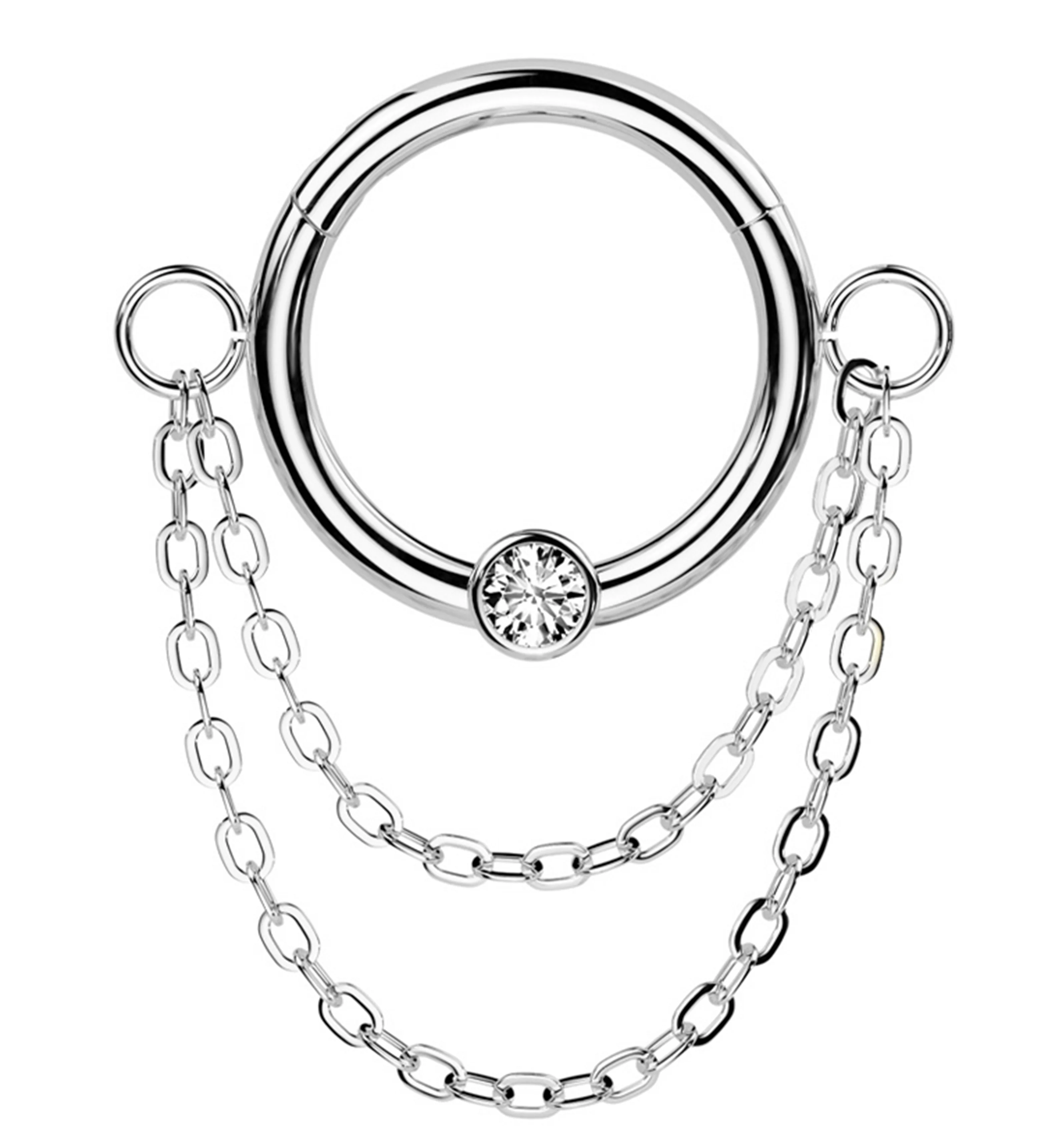 Double Dangle Chain Clear CZ Stainless Steel Hinged Segment Ring - Mrs Treak