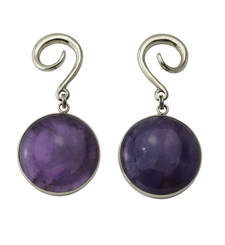 Grand Amethyst Stone Silver Brass Hanging Ear Weights - Mrs Treak