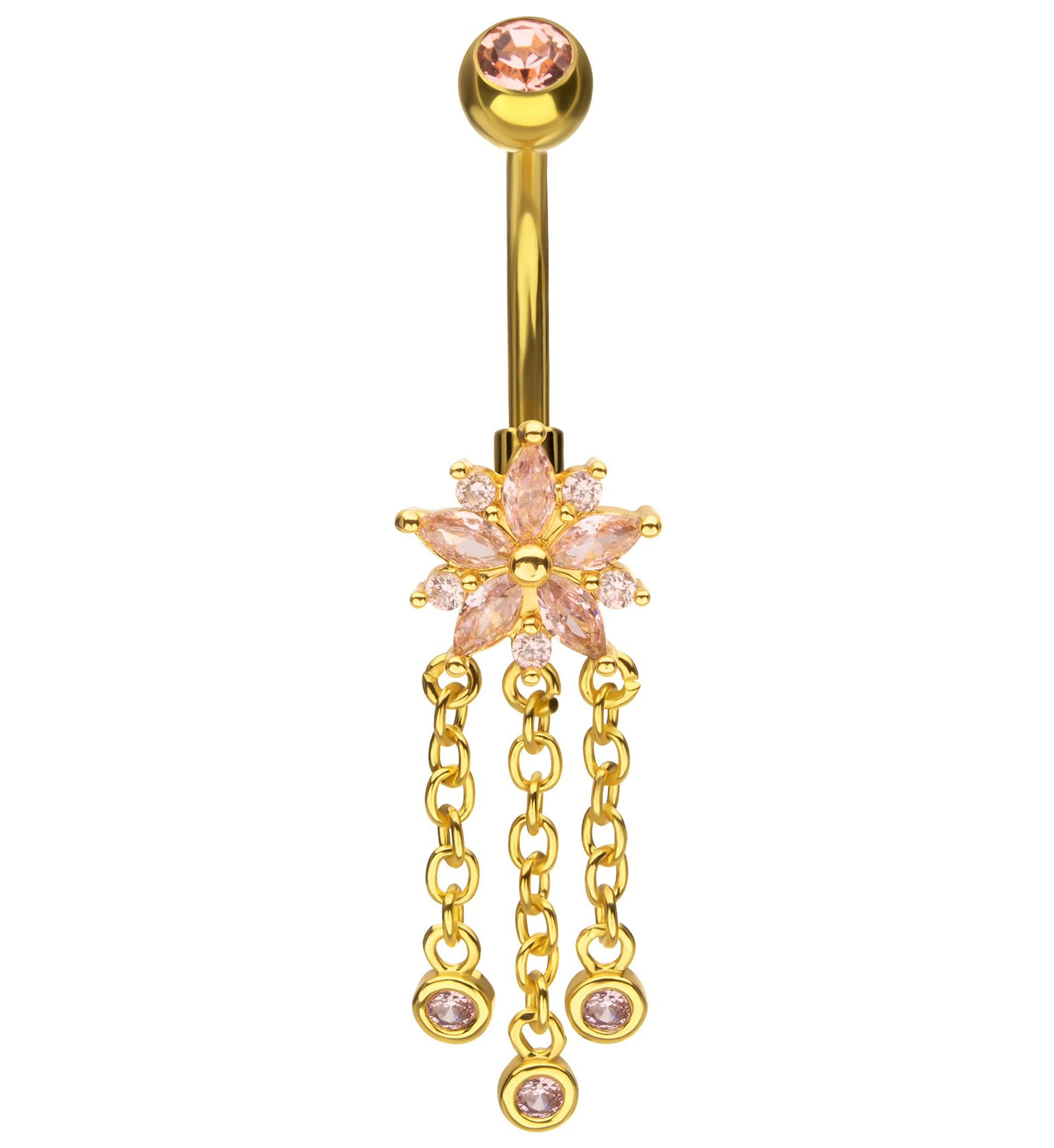 Gold PVD Flower Triple Pink CZ Dangle Stainless Steel Belly Button Ring - Mrs Treak