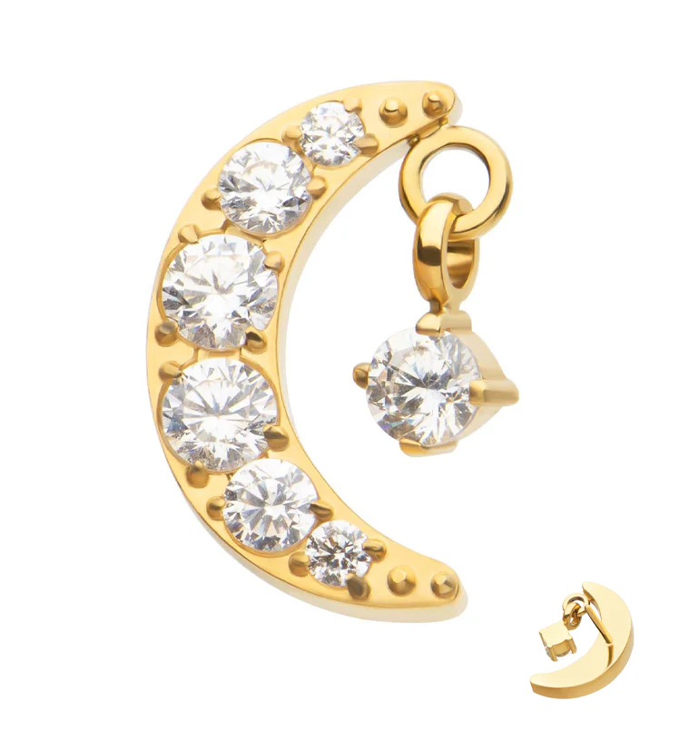 24kt Gold PVD Glimmer Half Moon Clear CZ Dangle Titanium Threadless Top - Mrs Treak