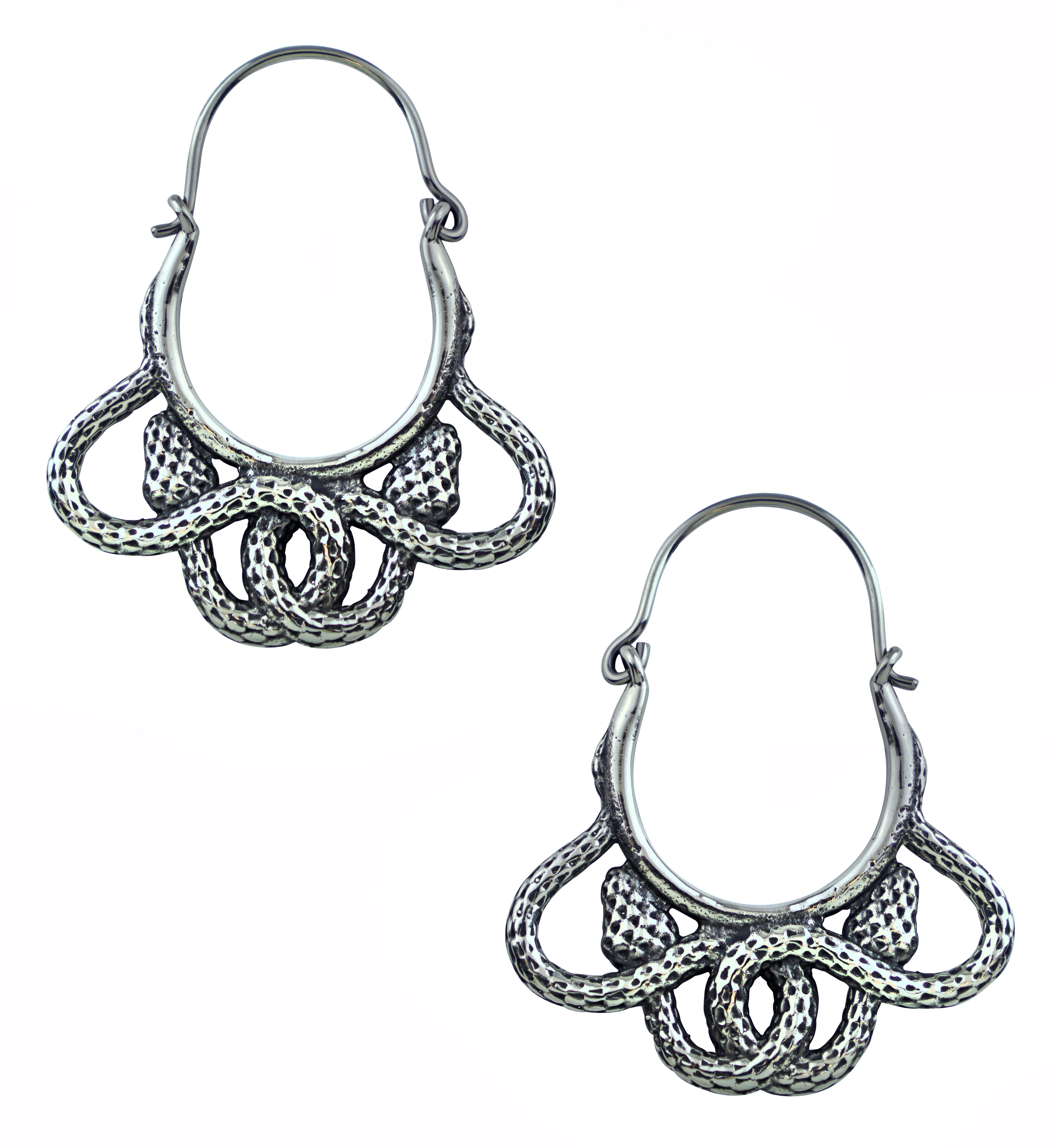 Tangled Snakes White Brass Plug Hoops / Earrings - Mrs Treak