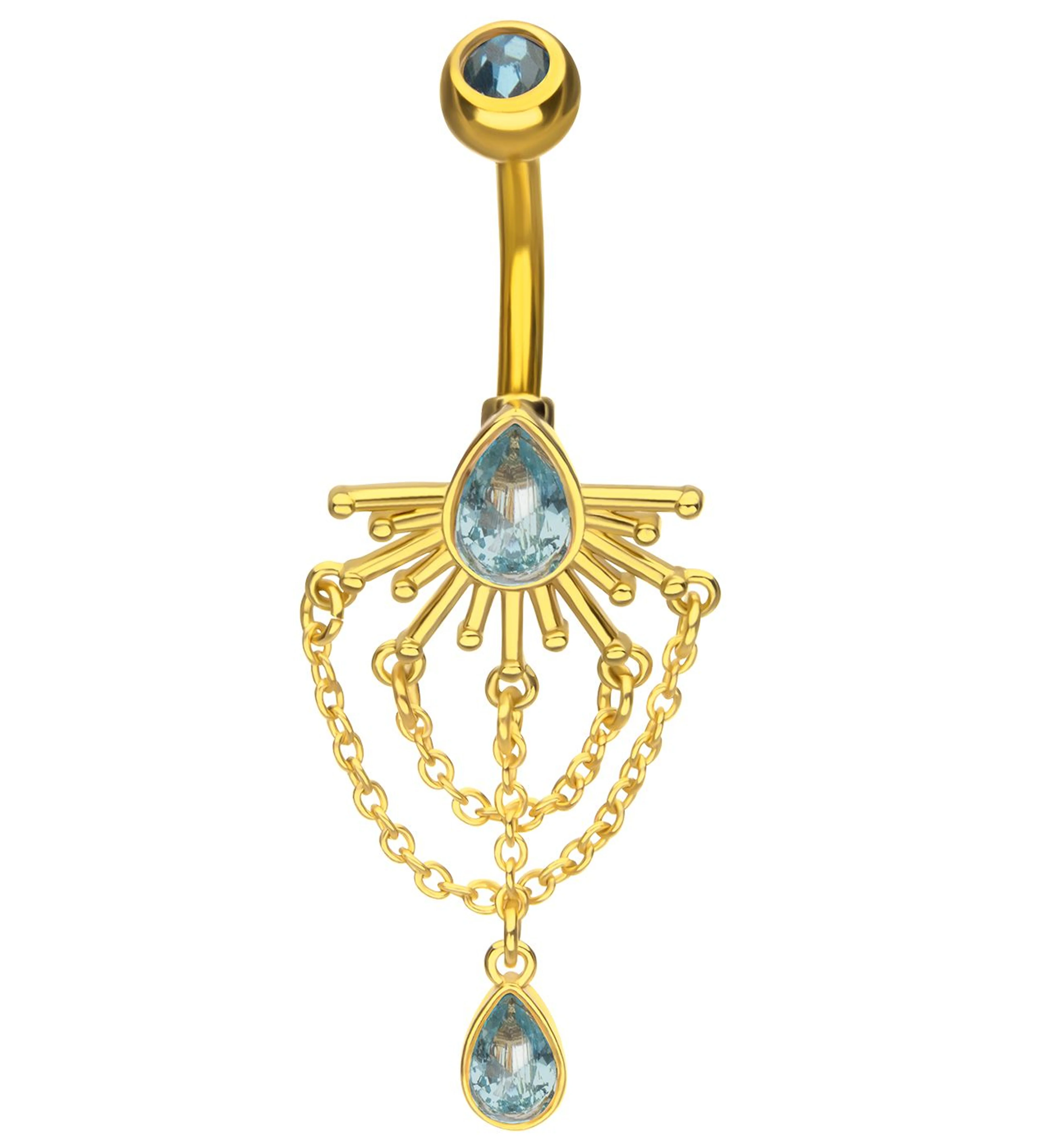 Gold PVD Sunrays Teardrop Light Blue CZ Dangle Chain Stainless Steel Belly Button Ring - Mrs Treak