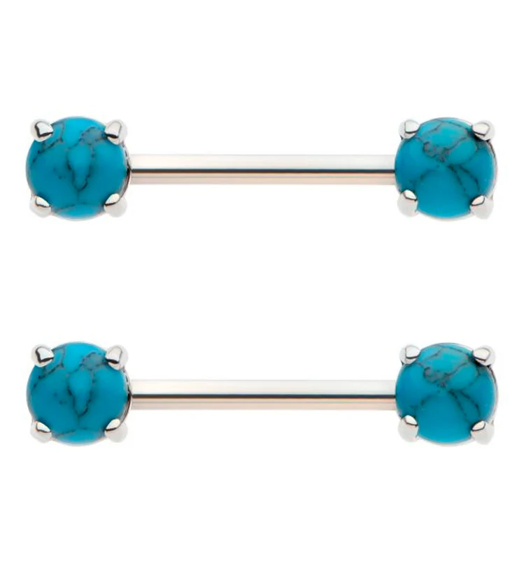 Howlite Turquoise Stone Prong Stainless Steel Nipple Barbell - Mrs Treak
