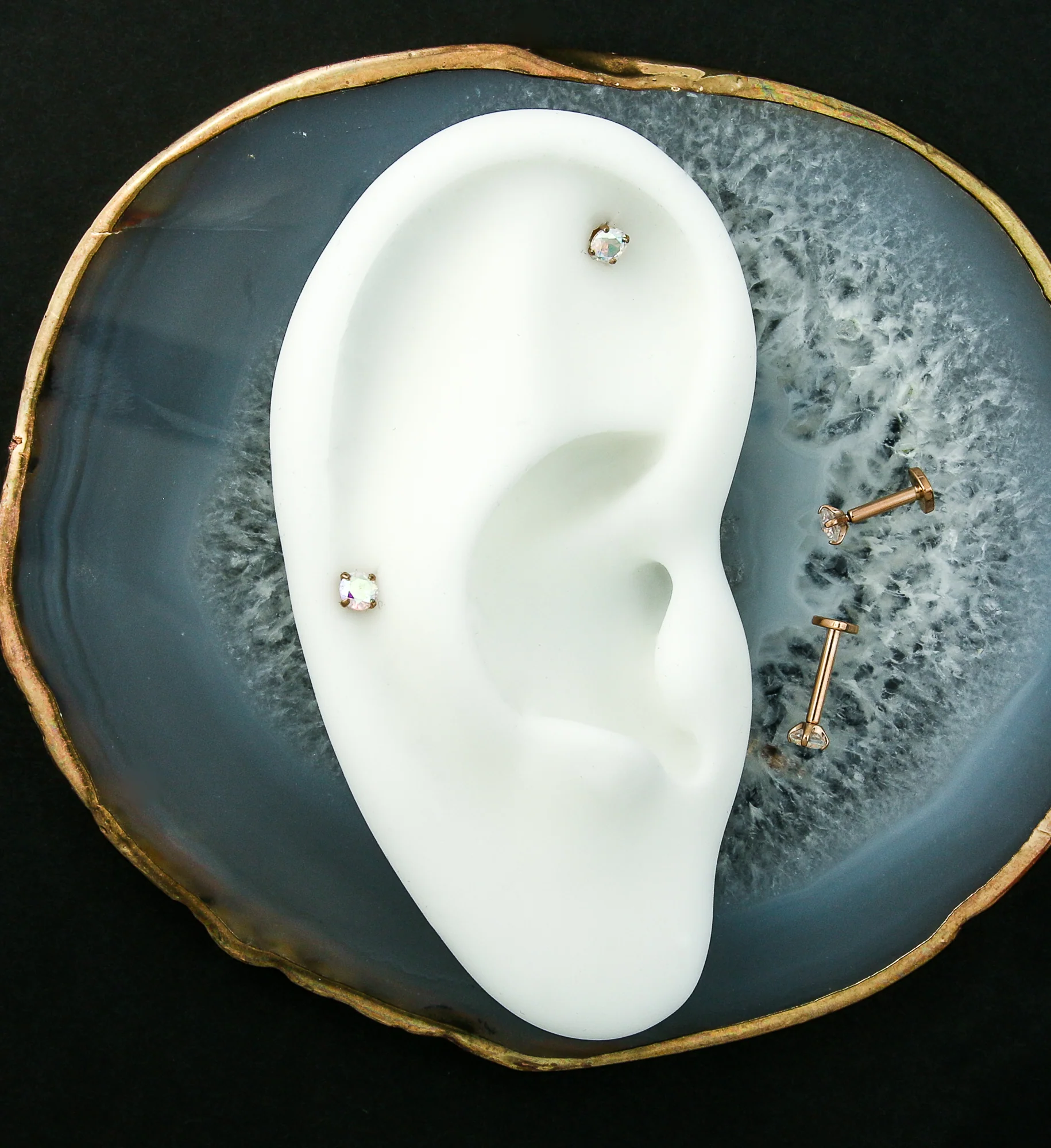 Rose Gold PVD Prong Rainbow Aurora CZ Internally Threaded Titanium Heart Disk Labret - Mrs Treak