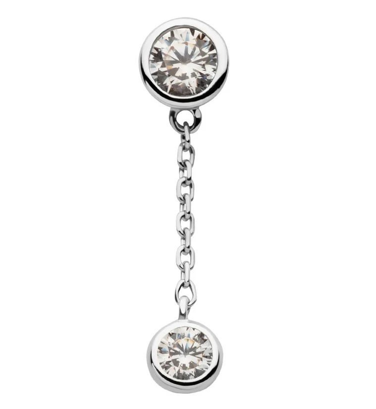 14kt White Gold Round Bezel CZ Dangle Chain Threadless Top - Mrs Treak