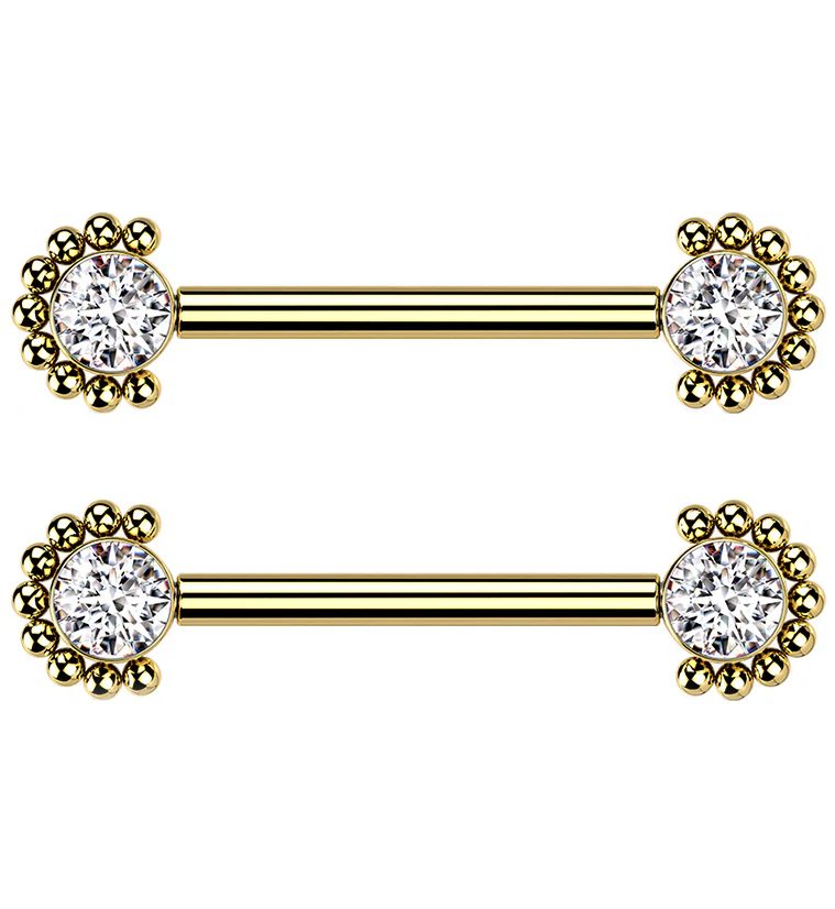 14G Gold PVD Encirc Double CZ Titanium Nipple Ring Barbell - Mrs Treak