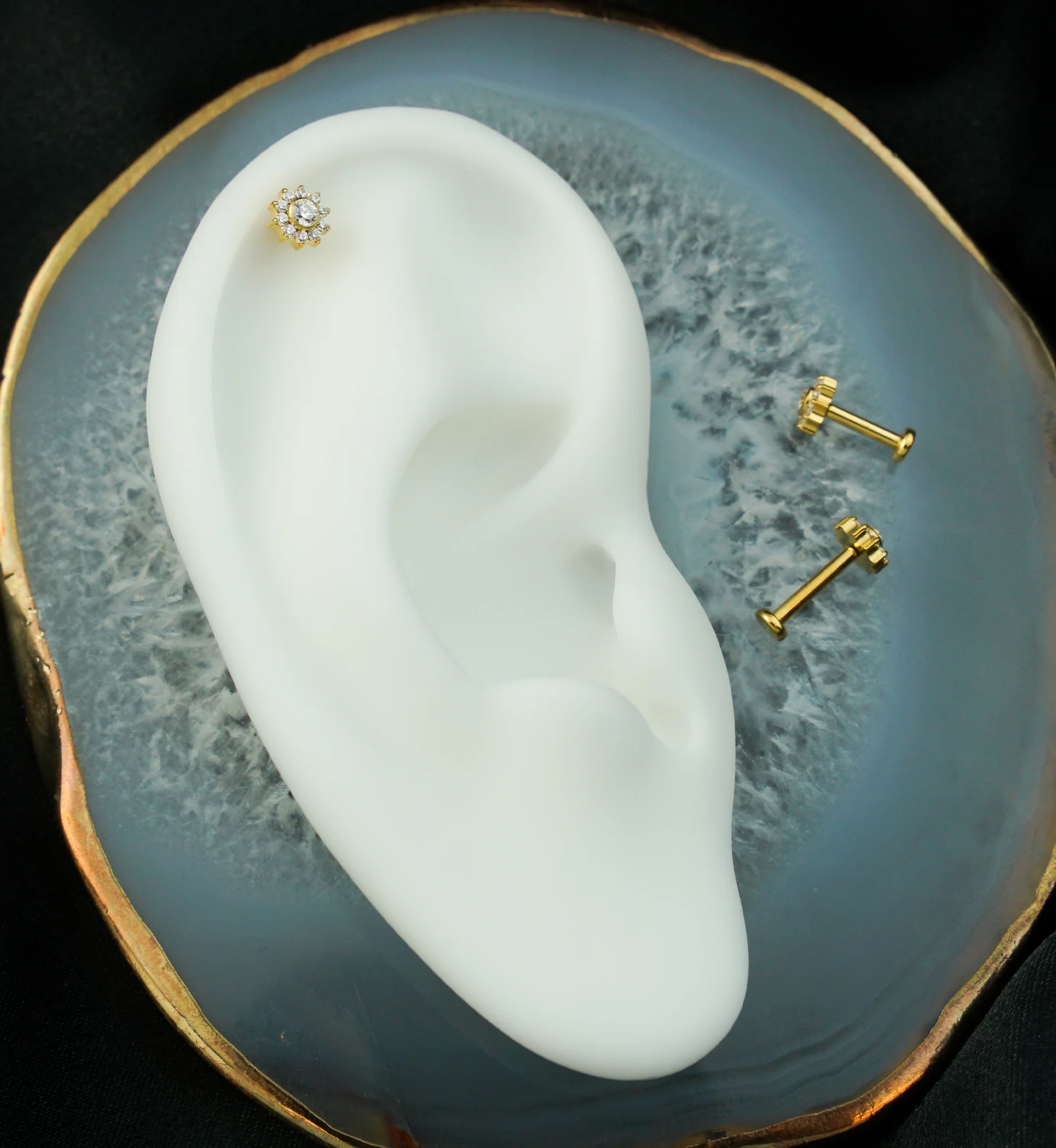 Gold PVD Pave Flower Clear CZ Internally Threaded Titanium Labret - Mrs Treak