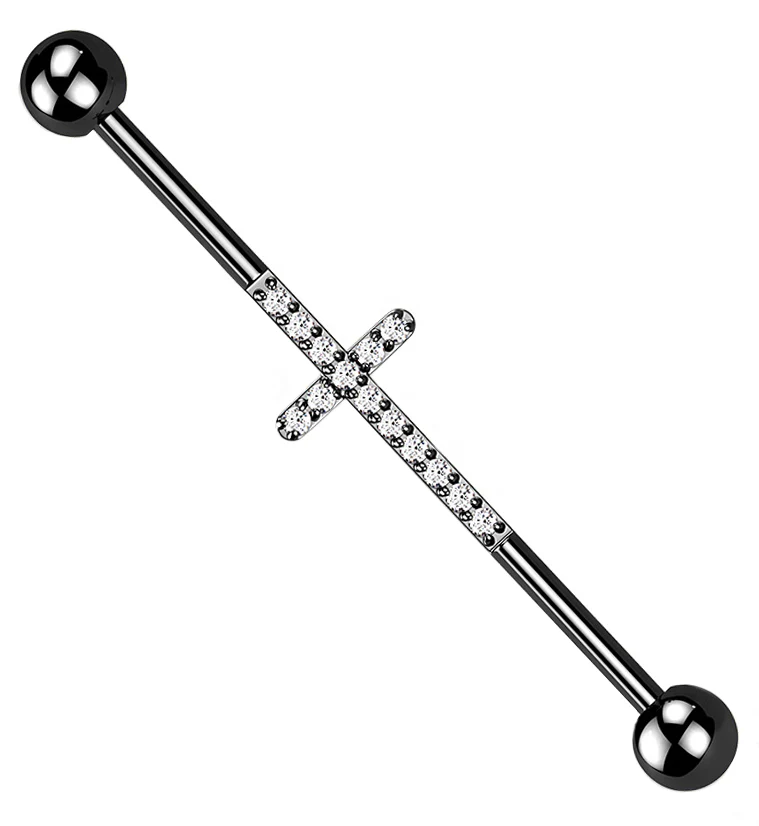 Black PVD Center CZ Cross Titanium Industrial Barbell - Mrs Treak