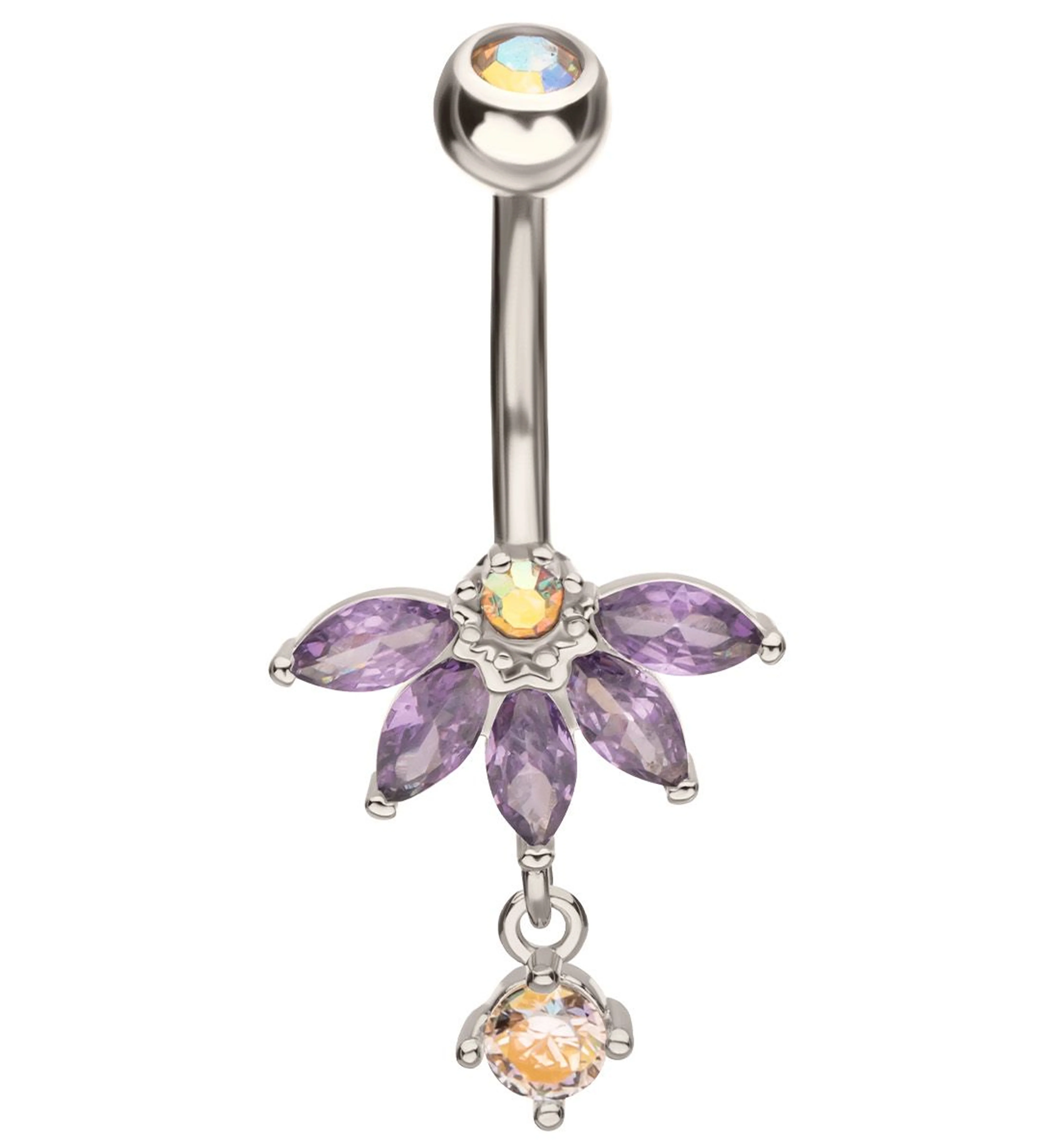 Half Flower Rainbow Aurora And Amethyst CZ Dangle Stainless Steel Belly Button Ring - Mrs Treak