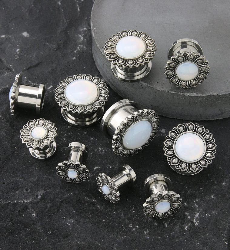 Lotus Flower White Opalite Stainless Steel Tunnel Plugs - Mrs Treak