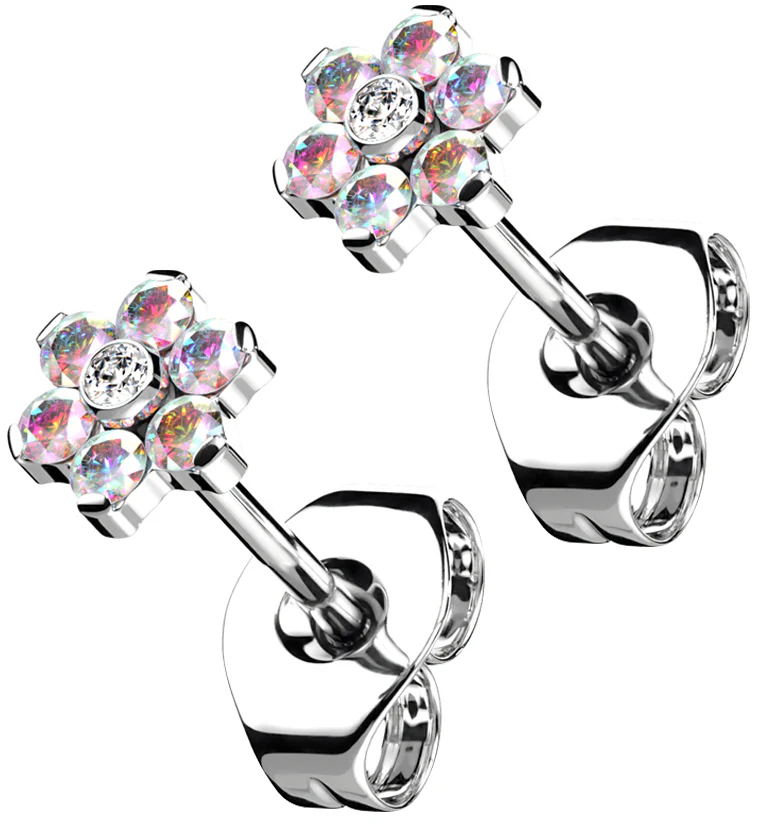 Flower Rainbow Aurora CZ Titanium Threadless Earrings - Mrs Treak
