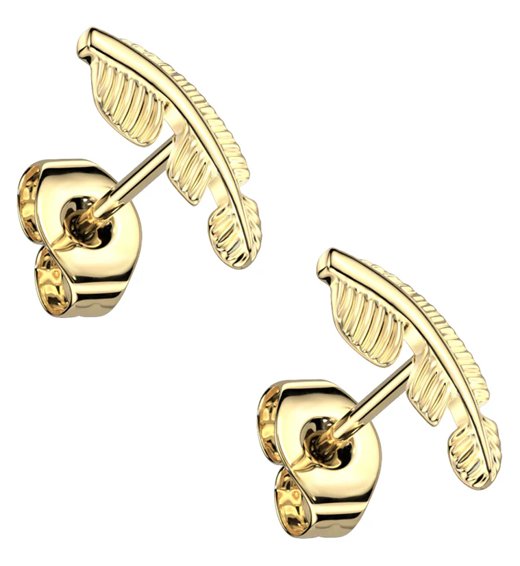 Gold PVD Feather Titanium Threadless Earrings - Mrs Treak