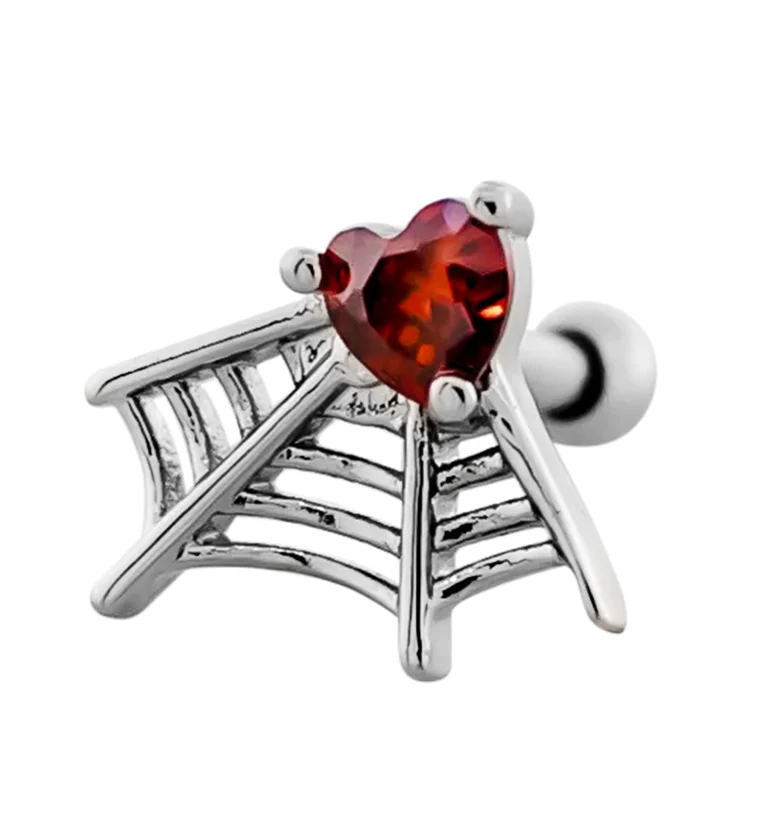 Spiderweb Heart Red CZ Stainless Steel Cartilage Barbell - Mrs Treak